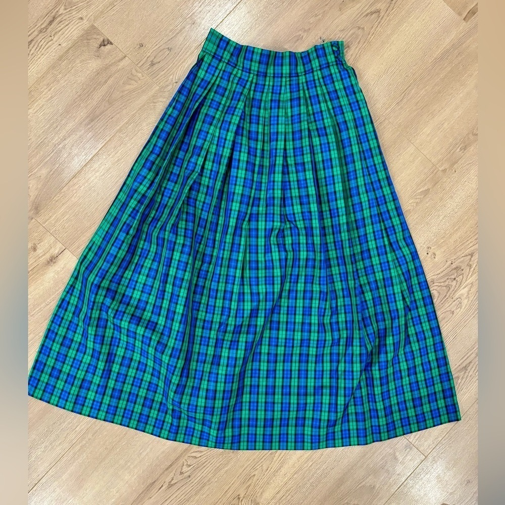 VTG MIDI Skirt Womens Sz 4 Blur Green Plaid Christmas Holiday Party